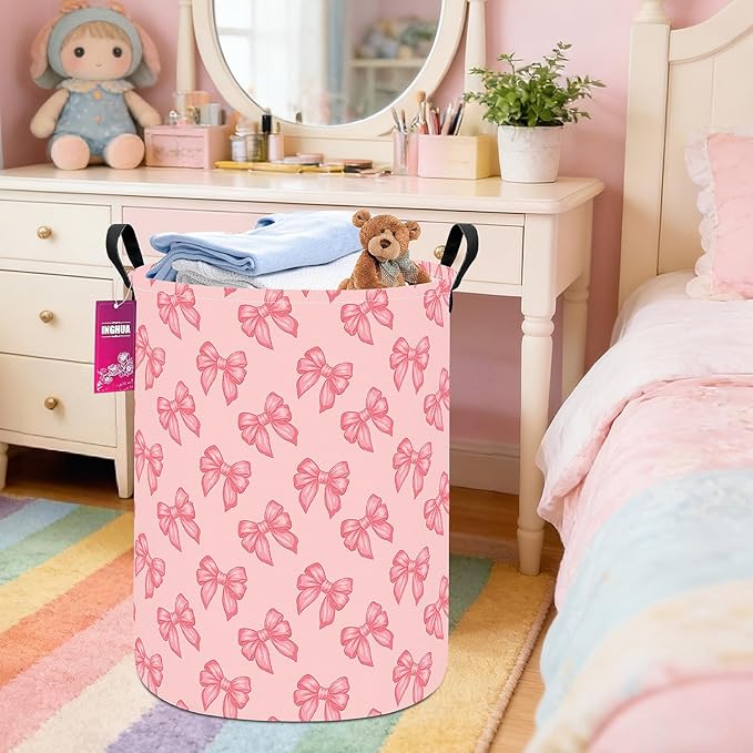 Laundry Hamper Large Canvas Fabric Lightweight Storage Basket/Toy Organizer/Dirty Clothes Collapsible Waterproof for College Dorms, Boys and Girls Bedroom,Bathroom(Pink bowknots)