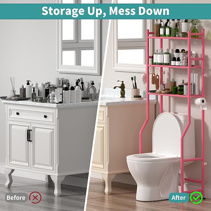 3-Tier Over The Toilet Storage with Paper Holder, Metal Bathroom Organizers and Storage for Small Space, Freestanding Bathroom Shelves with 4 Hooks, Above The Toilet Storage Shelf (Pink)