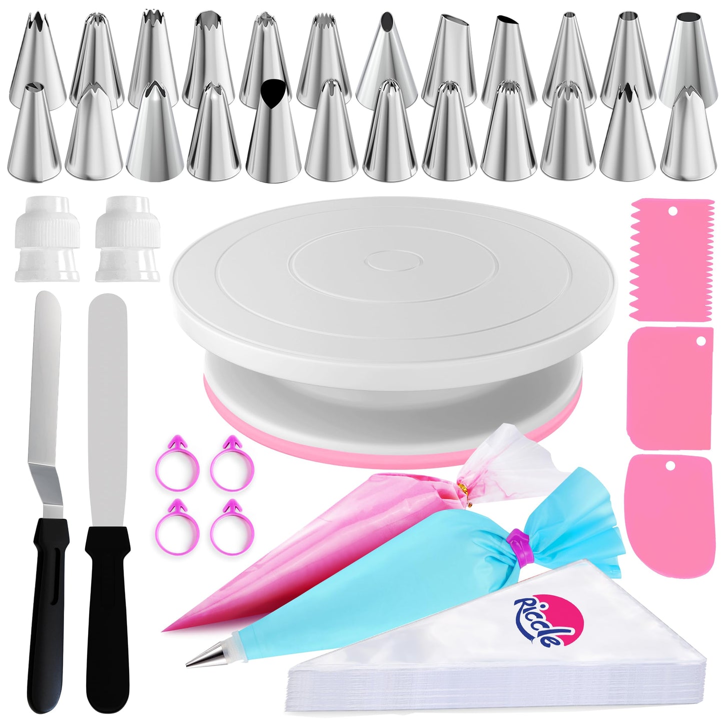 Riccle 88 pc Cake Decorating Kit & Cake Turntable -Piping Bags and Tips Set