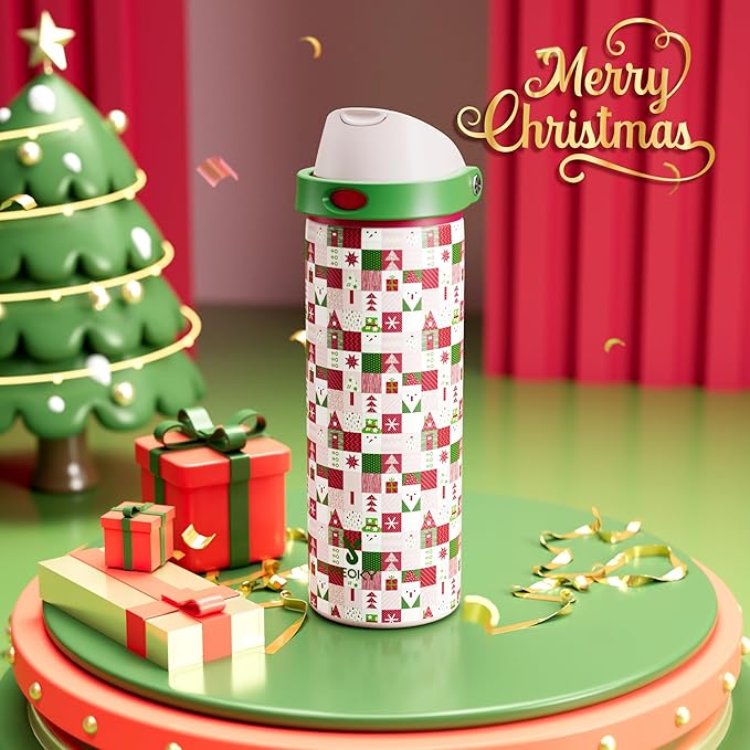 24 oz Insulated Water Bottle for Christmas: Meoky Stainless Steel Xmas Water Bottle with 2-in-1 Straw and Spout Lid - Leak Proof, Fits in Car Cup Holder, Christmas Gifts for Women Men, Santa Wishes