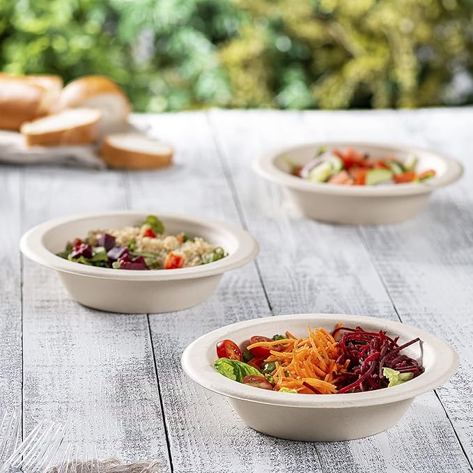 GUSTO 100% Compostable 16 oz. Heavy-Duty Paper Bowls [125 Pack] Eco-Friendly Disposable Sugarcane - Kraft……