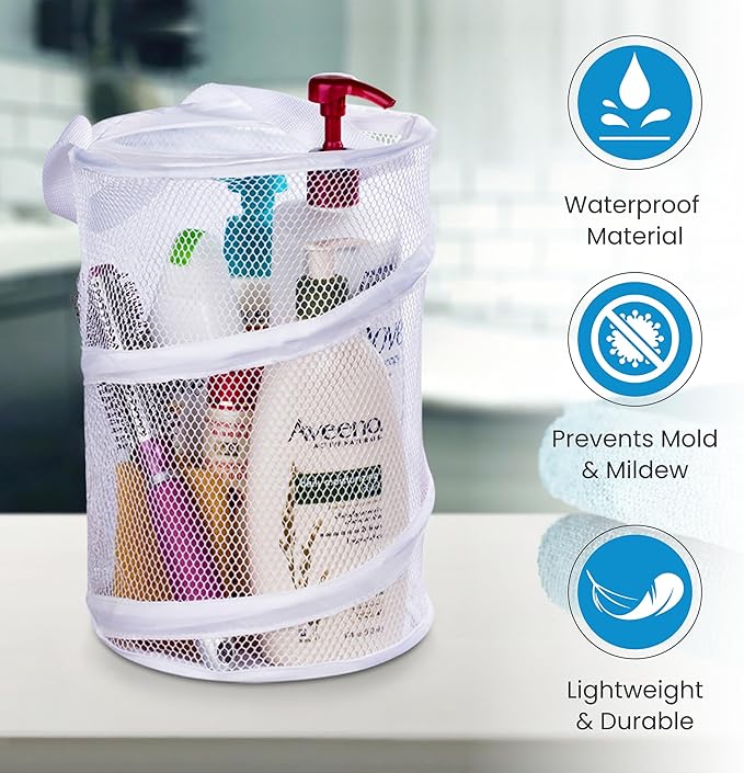Handy Laundry Foldable Shower Caddy - Collapsible, Portable, Drainage Hole, Carry Handle, Large Compartments, Great Organizer for Camp, Travel, Gym, and Dorm (White)