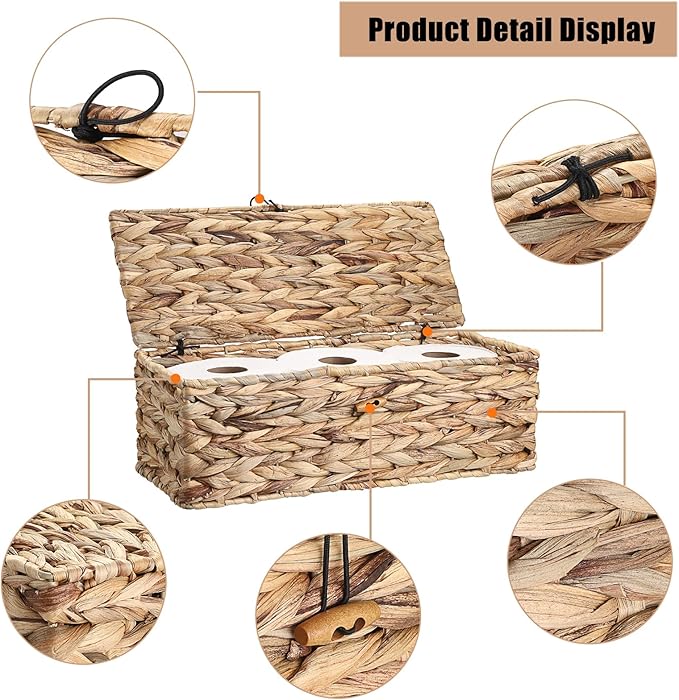 Sumnacon Wicker Storage Basket with Lid Rectangle Wicker Basket with Lid for Toiletries Tampon Storage,Toilet Tank Topper Basket Water Hyacinth Storage Baskets for Shelf Bathroom Toilet Table