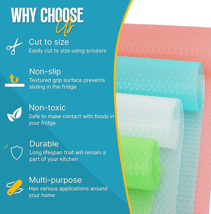 Refrigerator Liners for Shelves (16 Pack) by Linda’s Essentials - Non-Adhesive Shelf or Drawer Liner, BPA-Free Fridge Mats for Kitchen & Cabinets, Easy to Clean, Ideal Household Essentials(MultiColor)
