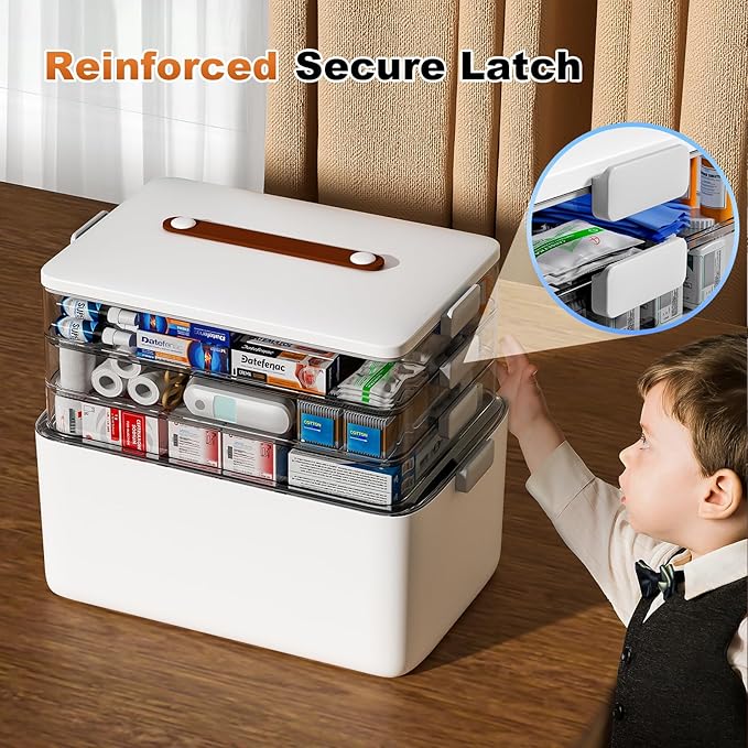 funest 4- Tier Medicine Storage Box Organizer Portable First Aid kit Box Empty with Handle, Multipurpose Medical Supply Organizer with Removable Tray, White