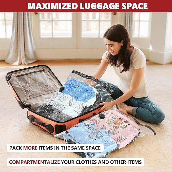 Vacuum Bags for Travel with Rechargeable Pump, 10 Small Compression Packing Seal Bags for Luggage Suitcase, Space Saver for Clothing and Clothes Storage Travel