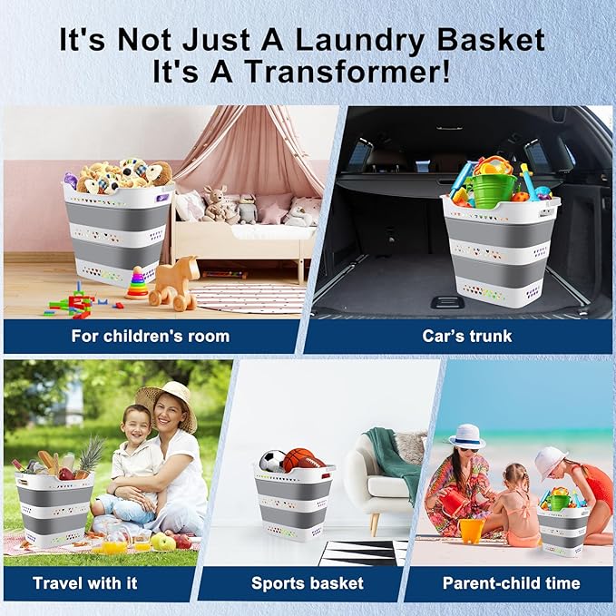 Collapsible Laundry Basket Foldable Pop-Up Laundry Hamper with Comfort Handles Portable Plastic Laundry Storage Basket Organizer Space Saving Dirty Clothes Hamper Container for Home, Dorm (Grey)