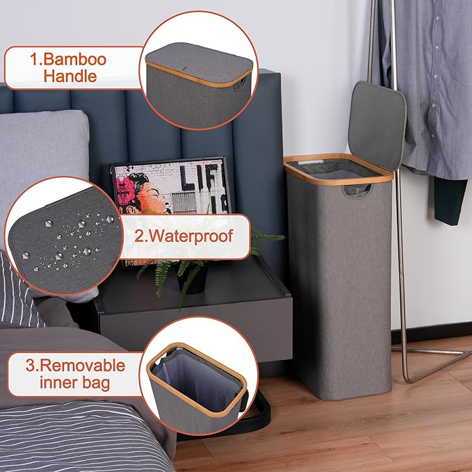efluky Slim Laundry Basket with Lid, Narrow Laundry Hamper with Removable Bag, Skinny Dirty Clothes Basket with Bamboo Handles for Bathroom, Bedroom & Laundry Room, 75L Grey