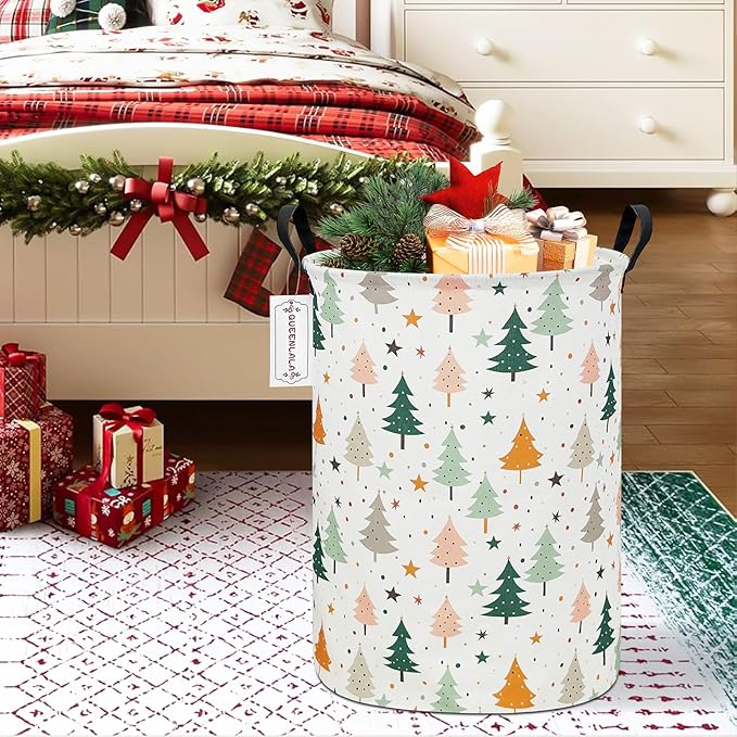 QUEENLALA Large Storage Basket,Laundry Hamper/Bathroom/Home Decor/Collapsible Round Storage Bin,Boys and Girls Hamper/Boxes/Clothing(Round-pine tree)