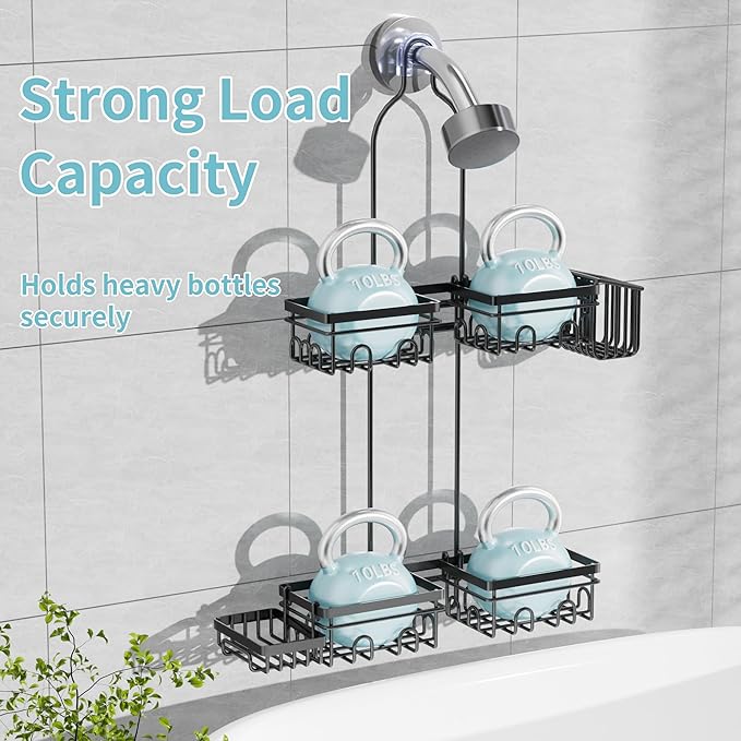 KEGII Split Hanging Shower Caddy for Handheld Showerheads, EXTRA Soap Holder & Toothbrush Holder, 24 Hooks Anti-Swing Over Showerhead Organizer, Rustproof Bathroom Shower Rack, Black