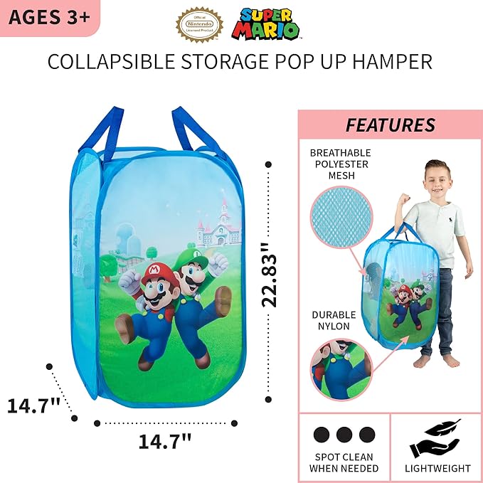 Franco Kids Room Collapsible Storage Bin Pop Up Hamper, One Size, Super Mario