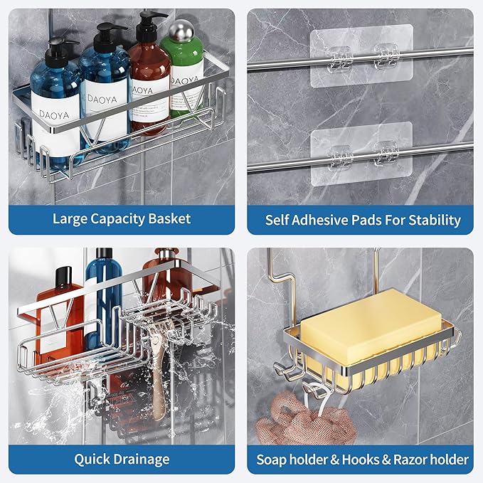 Shower Caddy Hanging - Over the Shower Head Caddy with 2 Baskets, Soap Holder & Razor Holder, Non-Slip Rubber Pads, U-Shaped Hooks and Adhesive Pads for Bathroom Organization - Silver