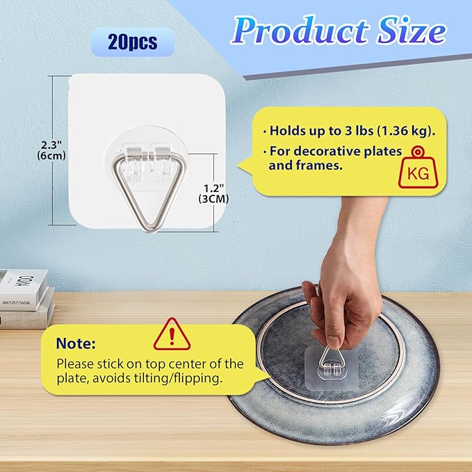 DIDUDIDU Wall Plate Hangers for Display - Invisible Adhesive Picture Hangers for Wall - Ideal for Hanging Decorative Plates | Photo Frames | Paintings - 2.3 Inch