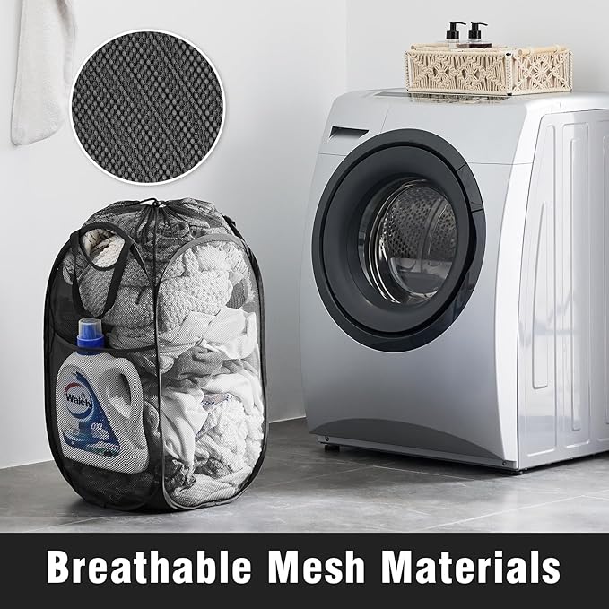 TECHMILLY Collapsible Mesh Pop Up Laundry Hamper with Sturdy Handles and Side Pocket - Portable Foldable Clothes Baskets for Dorm, Bathroom & Travel Storage (with Drawstring, Black)
