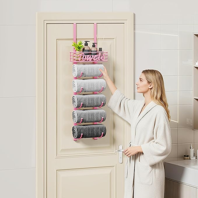 SWTYMIKI Hanging Towel Racks for Bathroom - 9 Tier Over The Door & Wall Mounted Bath Rolled Towel Storage Organizer Holder for Small Bathroom, RV, Camper (Pink, 6-Tier)