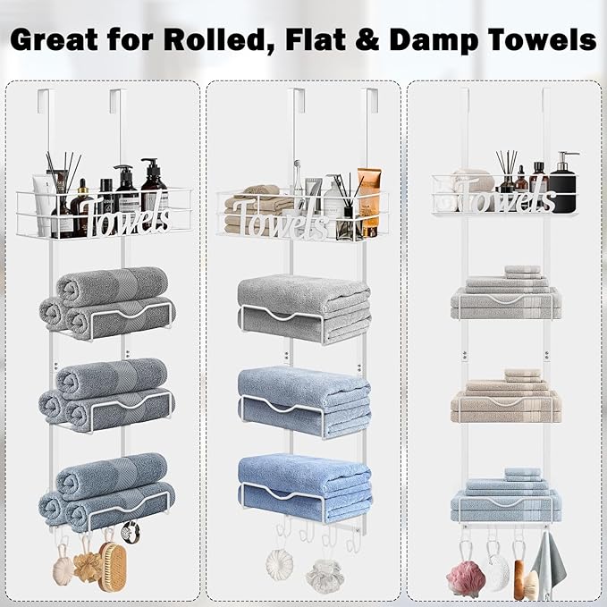 HarJue Over The Door Towel Racks, No Drill Towel Storage with Basket & Hooks, Space-Saving Multi-Functional Towel Holder for Bathrooms, bedrooms, Apartments, RVs (White)