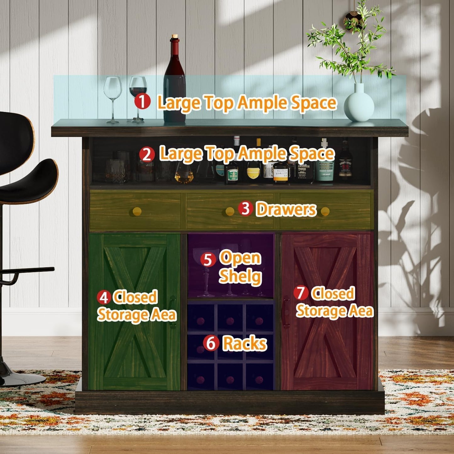 52 Inch Large Home Bar Unit, 4-Tier Storage Bar Table with Footrest & 3 Drawers, Farmhouse Wine Bar Cabinet with 9 Wine Rack & 2 Barn Doors for Living Room, Dining Room, Dark Oak