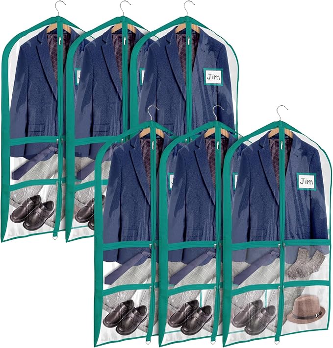 Univivi Clear Blue-Green PVC Dance Costume Bags Garment Bag 40 Inch for Dance Competitions, with 4 Medium Clear Zipper Pockets and 1 Large Back Zippered Pocket [Upgraded Version] (40'' x 24'' 6 Pack)