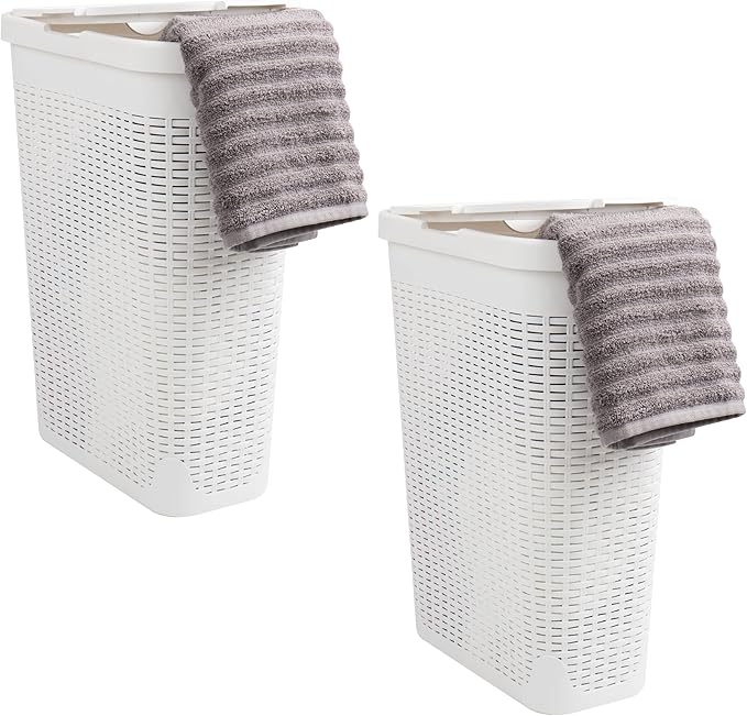 Mind Reader Slim Laundry Hamper with Lid, 40L Clothes Basket, Premium Wicker Design, Plastic, Set of 2, White