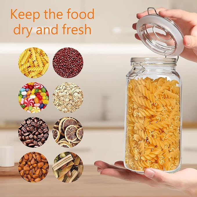 VIEWELLD 78oz Square Glass Food Storage Jars Storage Container with Clear Preserving Seal Wire Clip Fastening for Kitchen Canning Flour, Cereal, Pasta, Sugar, Beans