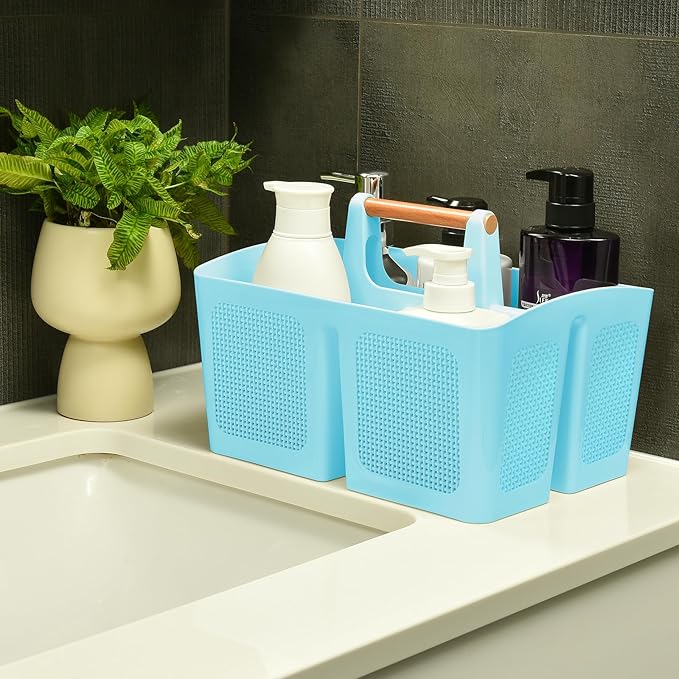 ALINK Portable Shower Caddy Basket with Compartments, Plastic Divided Cleaning Caddy Organizer Storage Tote with Handle for Bathroom, College, Dorm Room Essentials - Blue
