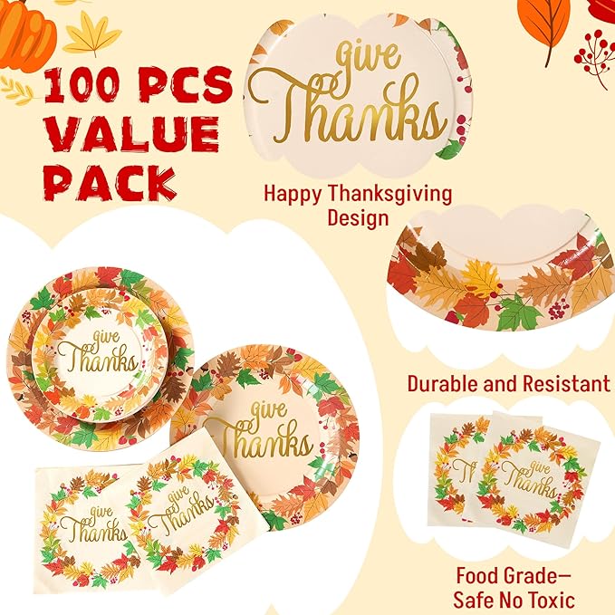 JOYIN 100 Pcs Thanksgiving Paper Plates and Napkins Disposable Dinnerware Set for 25 Guests, Give Thanks Theme Party Supplies, Happy Autumn Tableware Set
