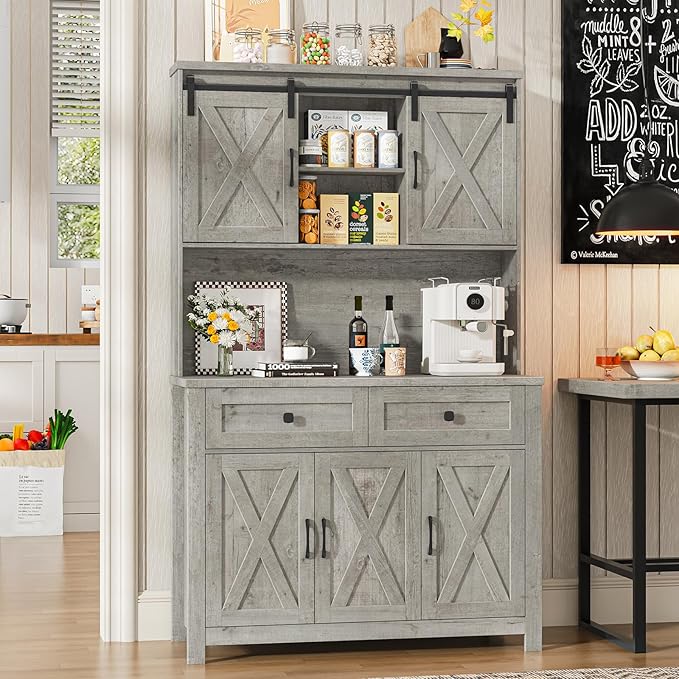 Befrases 67.7 Inch Farmhouse Pantry Storage Cabinet with Sliding Barn Doors, 2 Drawer Farmhouse Coffee Cabinet with Adjustable Shelf, Side Board with Buffet Cupboard Livingroom Kitchen, Grey