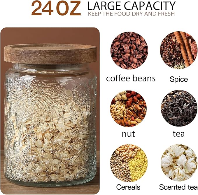 24 OZ Airtight Glass Storage Jar with Bamboo Lid - Vintage Glass Jar Vintage Food Containers Canisters Set for Kitchen Counter & Pantry - Ideal for Sugar, Flour, Coffee, Tea, Candy, Oats, Cereal