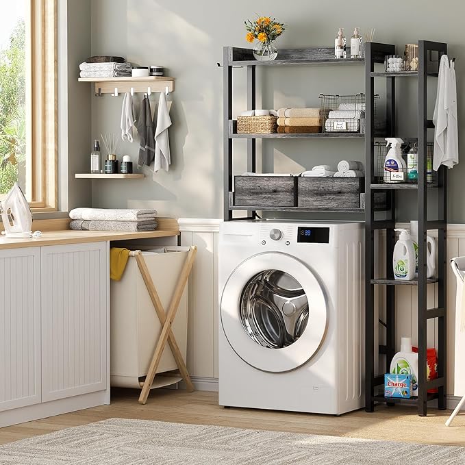Over The Toilet Storage with 2 Drawers - 7 Tier Bathroom Organizer with Adjustable Shelf, Freestanding Space Saver Storage Rack Above Toilet Stand with 4 Hooks for Restroom, Laundry, Grey Oak