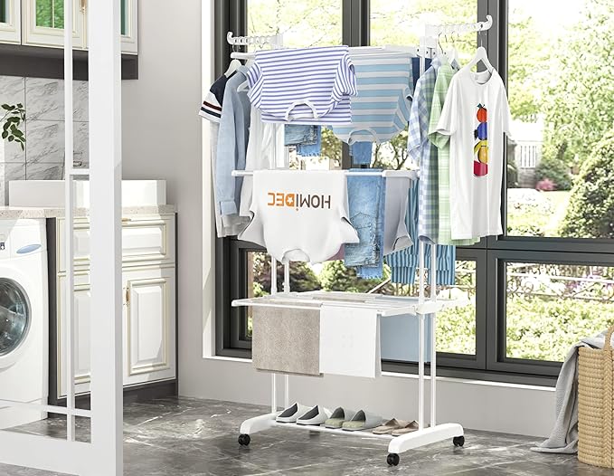 HOMIDEC Clothes Drying Rack, Large 4-Tier Foldable Drying Rack Clothing(67.7H x 19.7W x 30L Inches), Movable with 4 Castors. Multifunctional Stainless Steel Laundry Drying Rack, White