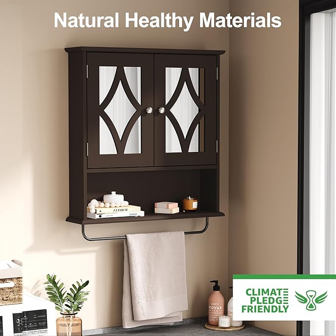 RoyalCraft Bathroom Medicine Cabinet Wall Mounted, Over The Toilet Storage Cabinet with Towel Rack and Adjustable Shelf, Large Bathroom Towel Cabinet Wall Mount 22x25 inch (Brown)