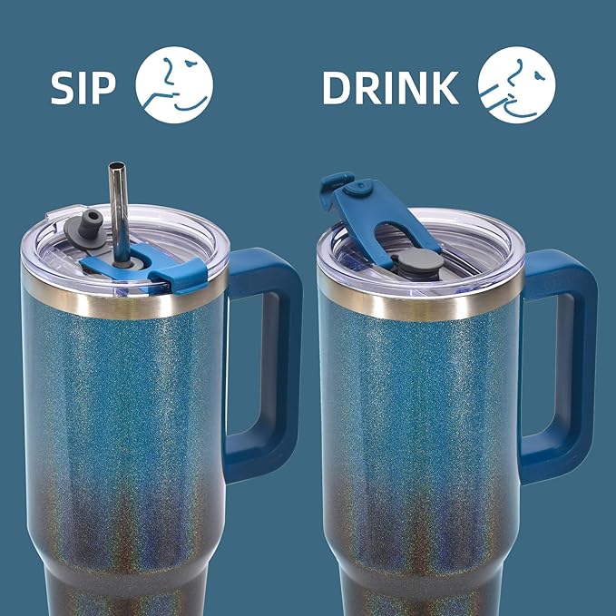 30 oz Shiny Tumbler with Handle and Straw,Stainless Steel Tumbler with Lid and Straw,Insulated Travel Mug(Cold for 34 Hours),Water Bottle for Iced Tea,Coffee (Black Blue)