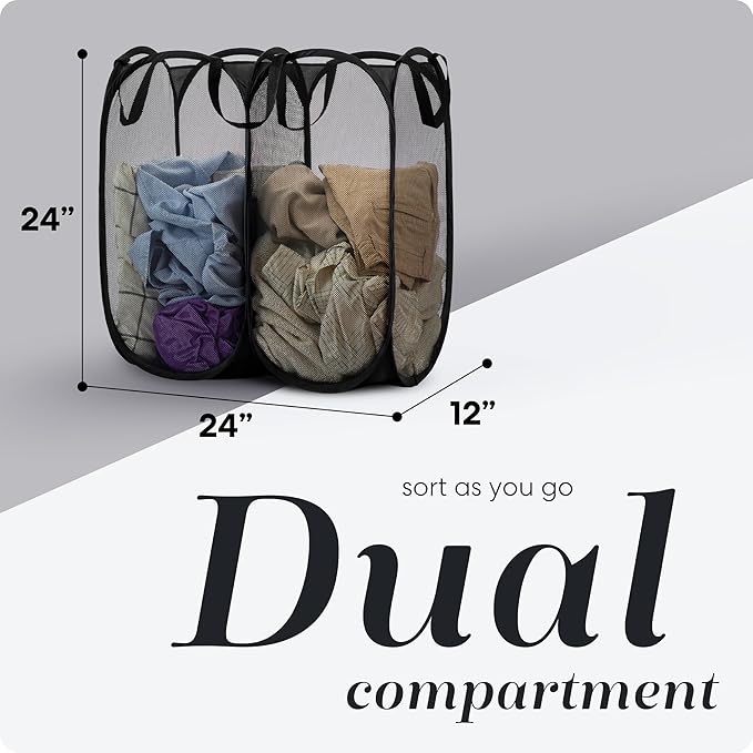 Handy Laundry Mesh Popup Hamper - Two Compartments, Collapsible for Storage and Easy to Open. Folding Pop-Up Clothes are Great for The Kids Room, College Dorm or Travel. (Black)