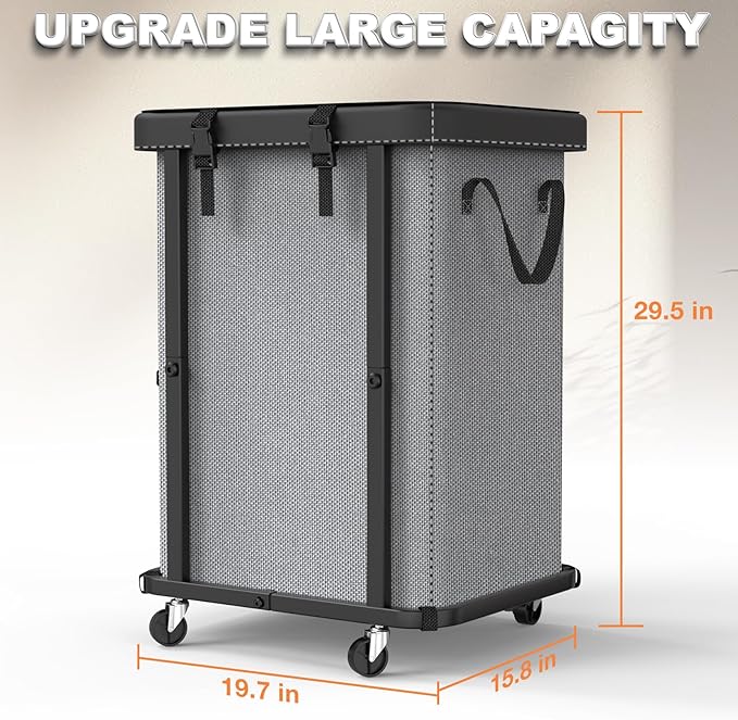 150L (40 Gal) Large Fashion Laundry Basket with Wheels, Leather Patchwork Rolling Hamper Carts, Sturdy Metal Frame, Removable Washable Bag, Tall Clothes Sorter for Bedroom, Laundry Room - Gary