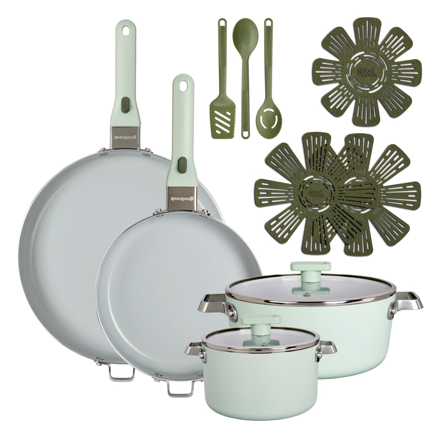 GoodCook Ceramic Cookware Set 5-Piece with Removable Handle, Induction Compatible, Nonstick and Oven Safe with 9.5-Inch Frypan, Sage Green