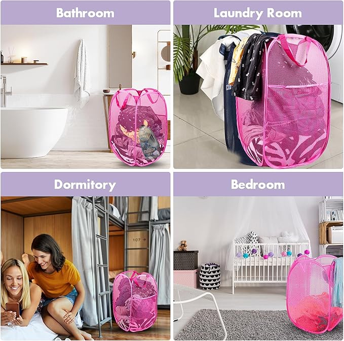 DUCOO Pop Up Hamper, 1 PCS Mesh Pop Up Laundry Hamper, Foldable Mesh Laundry Basket with Space-Saving Design for Home, Dorm, Travel & Storage - Pink