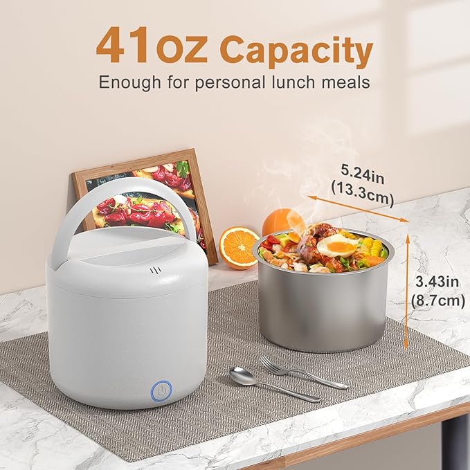 Vabaso Electric Lunch Box for Adults, 41oz 80W Heated Lunch Box, 12V/24V/110V/220V Portable Food Warmer White Elephant Gifts for Men Car Truck Work with 1.2L 304 Stainless Steel Container