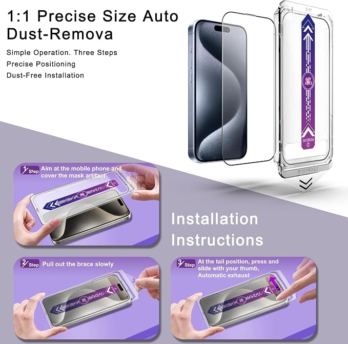 2 Pack Screen Protector for iPhone 15 Pro, 9H Tempered Glass, Full Coverage