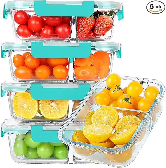 KOMUEE 30 oz 5 Pack Glass Meal Prep Containers 2 Compartments