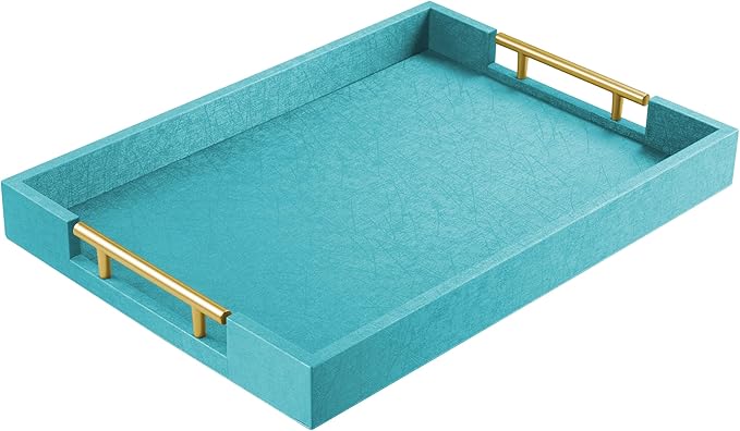 ATZYmolin 17"x12" Leather Serving Tray, Gold Handle Vanity Platter, Gold