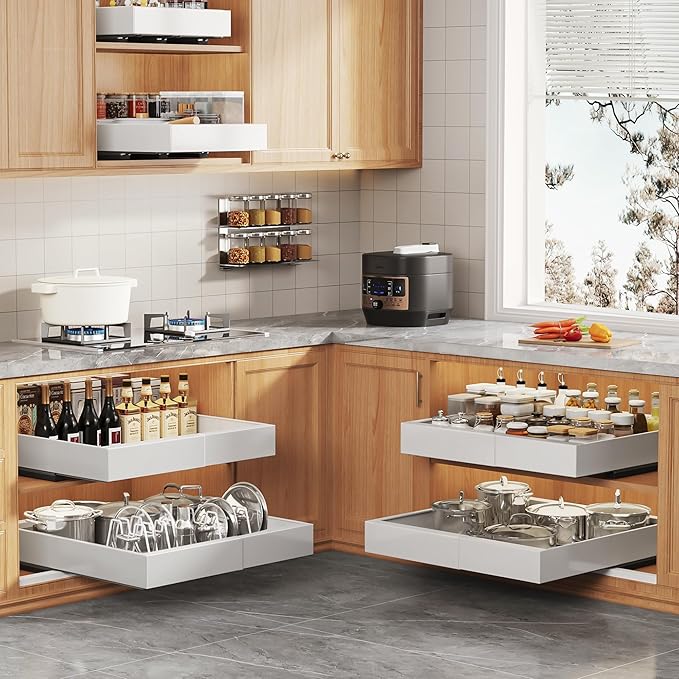 6Pack Expandable Pull Out Cabinet Organizer 21"Deep With Raising Pad for Framed Cabinets,Slide Out Drawers with 4pcs Divider Racks,Roll Out Shelves Adhesive,Adjustable Width 12.05"-20.4"White