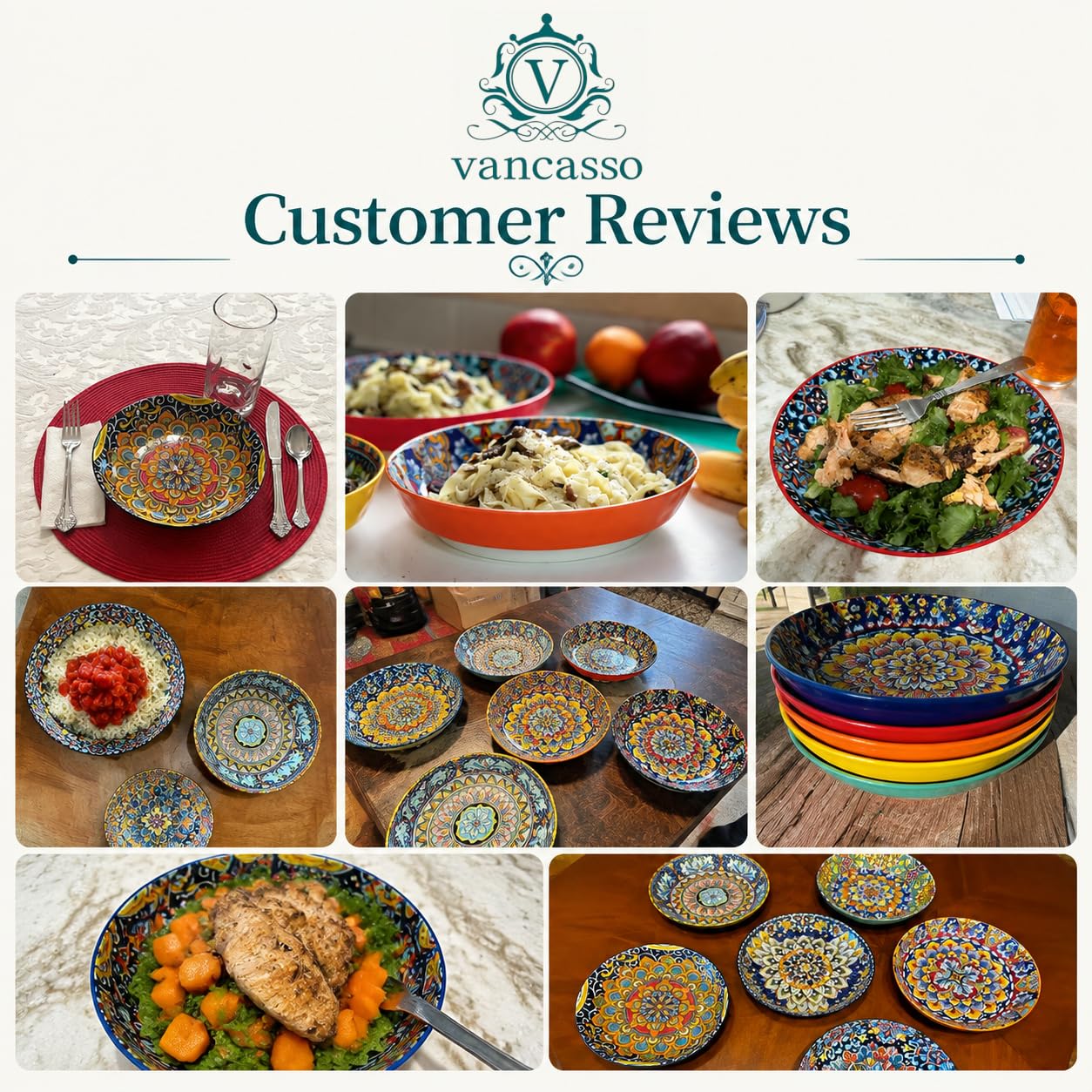 vancasso 32 Oz Pasta Bowls Set of 6, Ceramic Bohemian Soup Salad Bowls