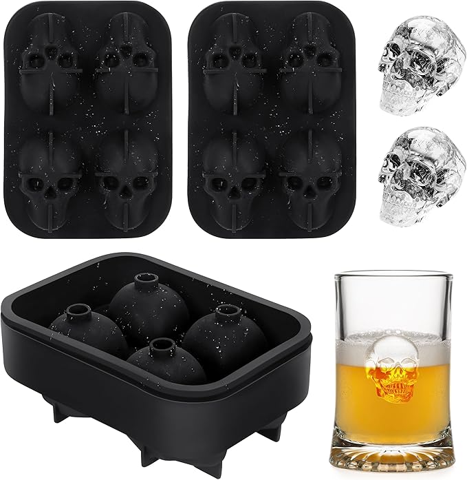 Attimal Ice Cube Tray Skull Shaped Silicone Ice Cube Molds Essential Bartender Accessory for Whiskey Cocktail Bourbon Lovers Eco Friendly Ice Cube Tray(2Pcs）
