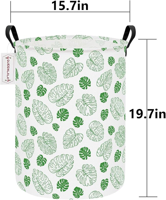QUEENLALA Large Storage Basket,Laundry Hamper/Bathroom/Home Decor/Collapsible Round Storage Bin,Boys and Girls Hamper/Boxes/Clothing(Round-Green Leaf)