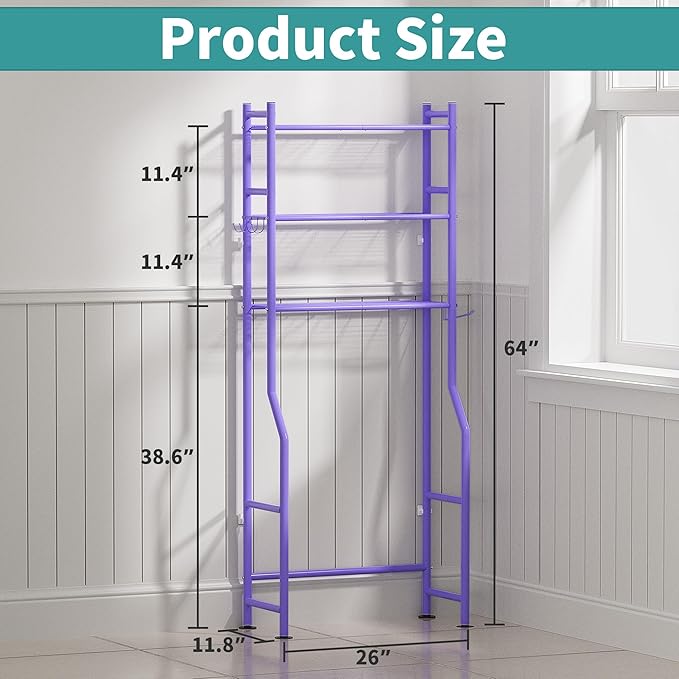 3-Tier Over The Toilet Storage with Paper Holder, Metal Bathroom Organizers and Storage for Small Space, Freestanding Bathroom Shelves with 4 Hooks, Above The Toilet Storage Shelf (Purple)