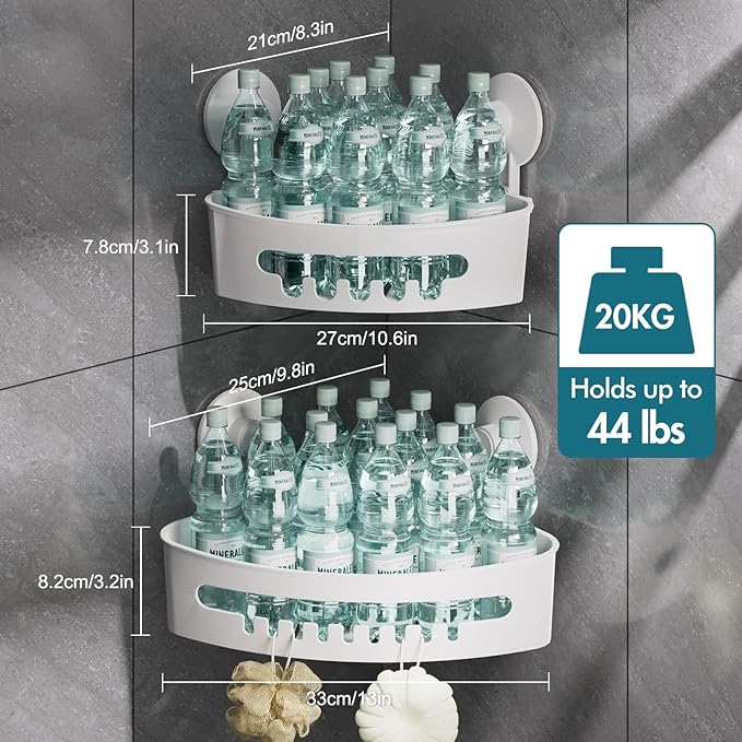 Budget & Good Corner Shower Caddy, 2 Pack Suction Cup Adhesive Shelves, NO-drilling Heavy Duty Storage Racks, Max Hold 44lbs, Waterproof for Bathroom & Kitchen