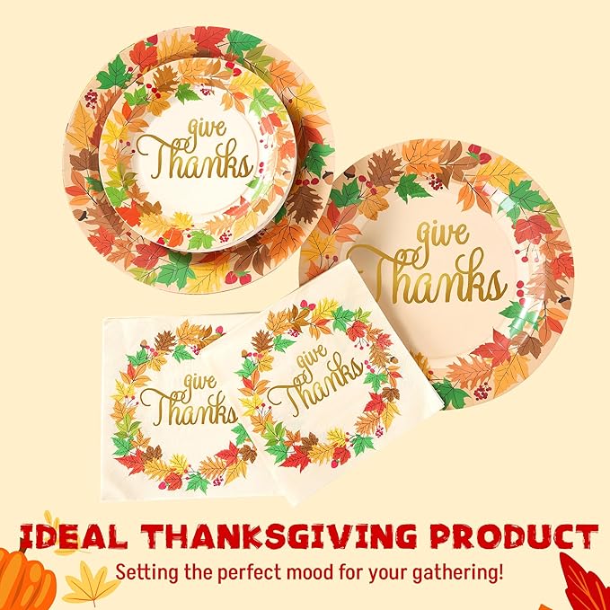 JOYIN 100 Pcs Thanksgiving Paper Plates and Napkins Disposable Dinnerware Set for 25 Guests, Give Thanks Theme Party Supplies, Happy Autumn Tableware Set