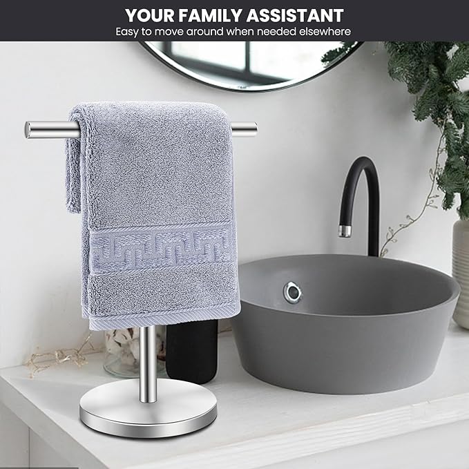T-Shape Bath Hand Towel Holder Stand, Stainless Steel Free Standing Hand Towel Rack with Heavy Base, for Bathroom Kitchen & Countertop, Silver