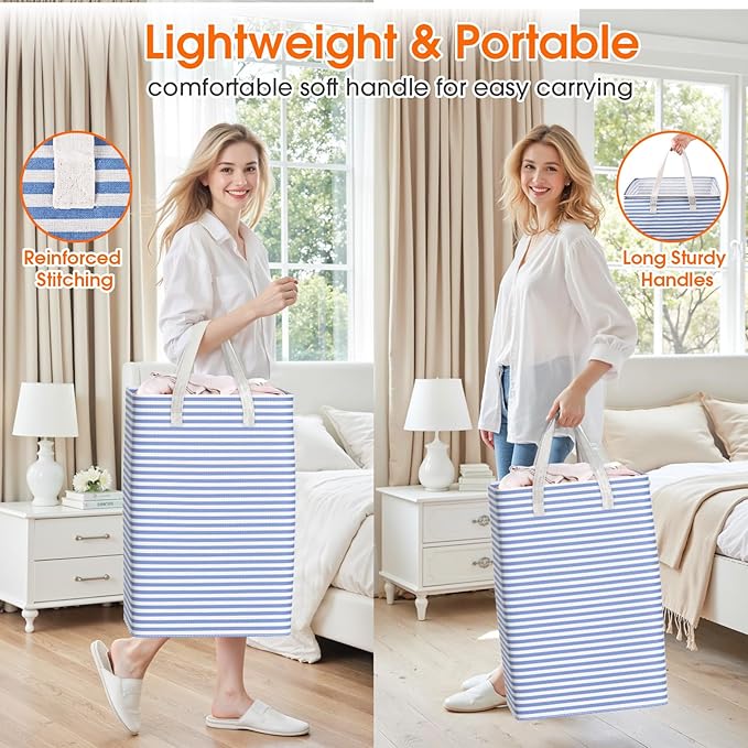 3 Pack Large Laundry Basket,Waterproof & Freestanding Laundry Hamper,Collapsible Clothes Hampers with Easy Carry Long & Reinforced Handles in Bathroom,College Dorm(75Lx3,Blue)