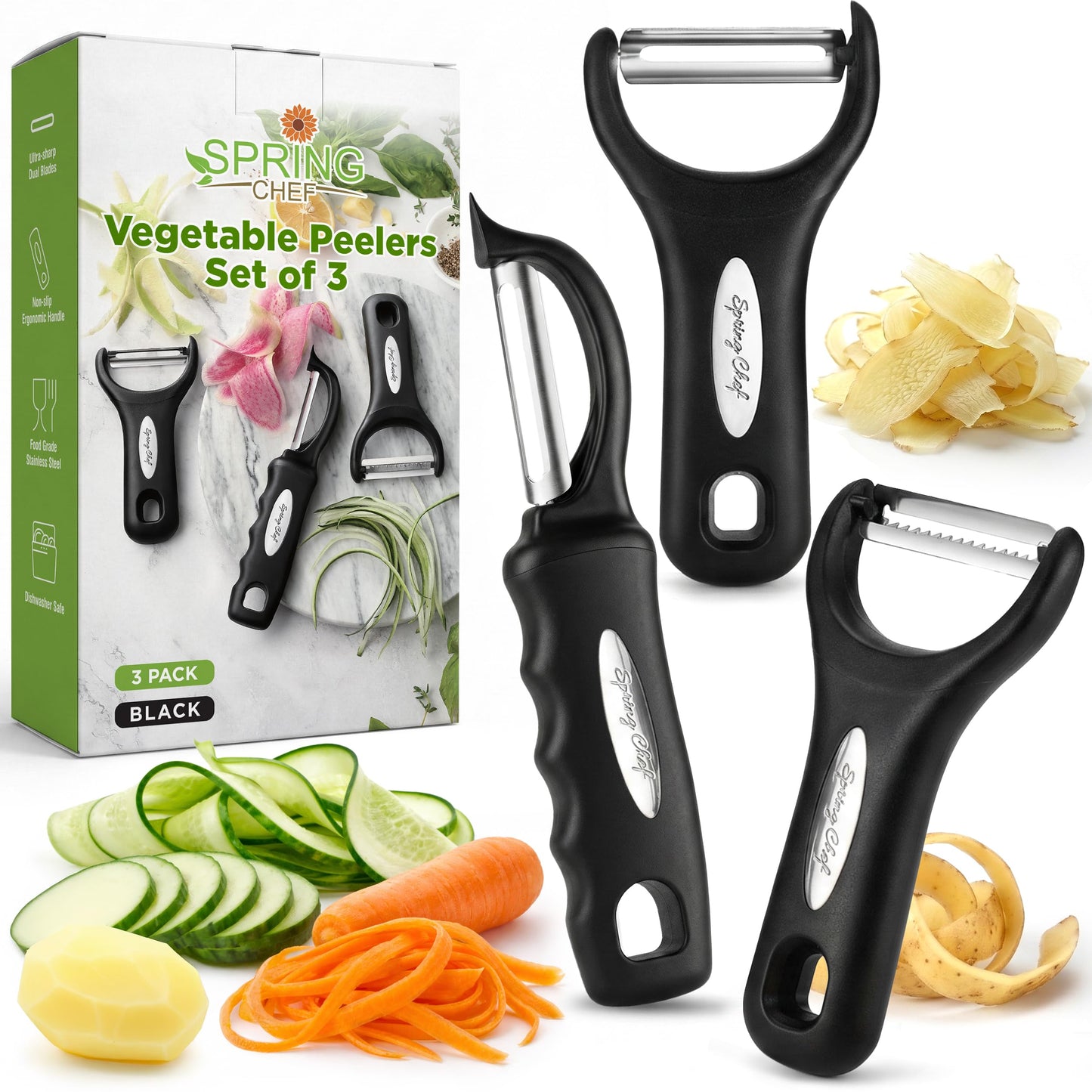 Spring Chef 3pcs Vegetable Peelers for Kitchen, Swivel, Y & Julienne Peeler